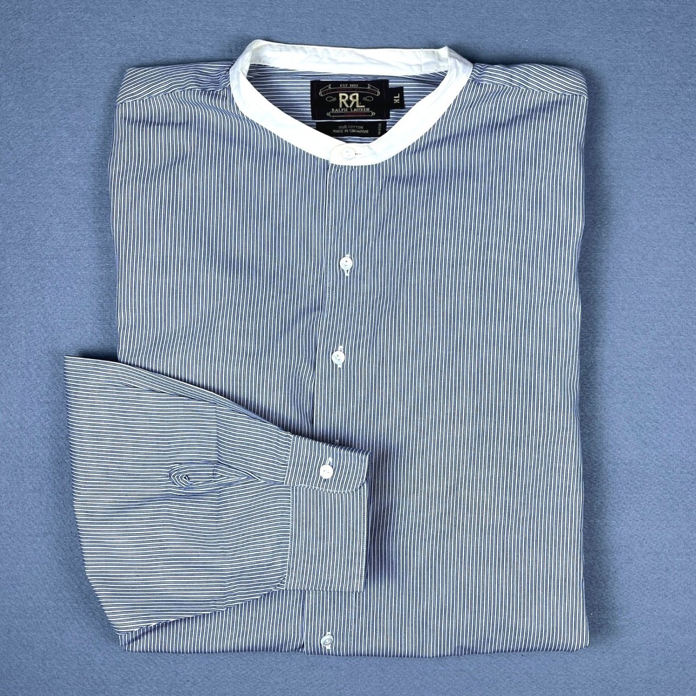 RRL Ralph Lauren Mens XL Blue White Striped Band Collar Pullover Shirt Cotton